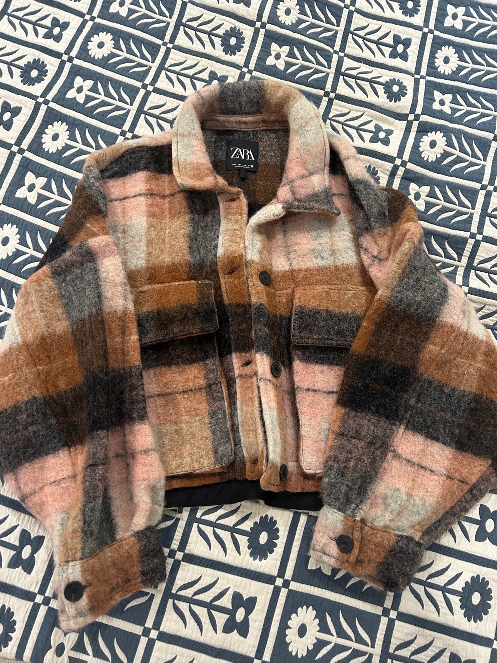 ZARA Pink, Brown & Gray Plaid Teddy Jacket